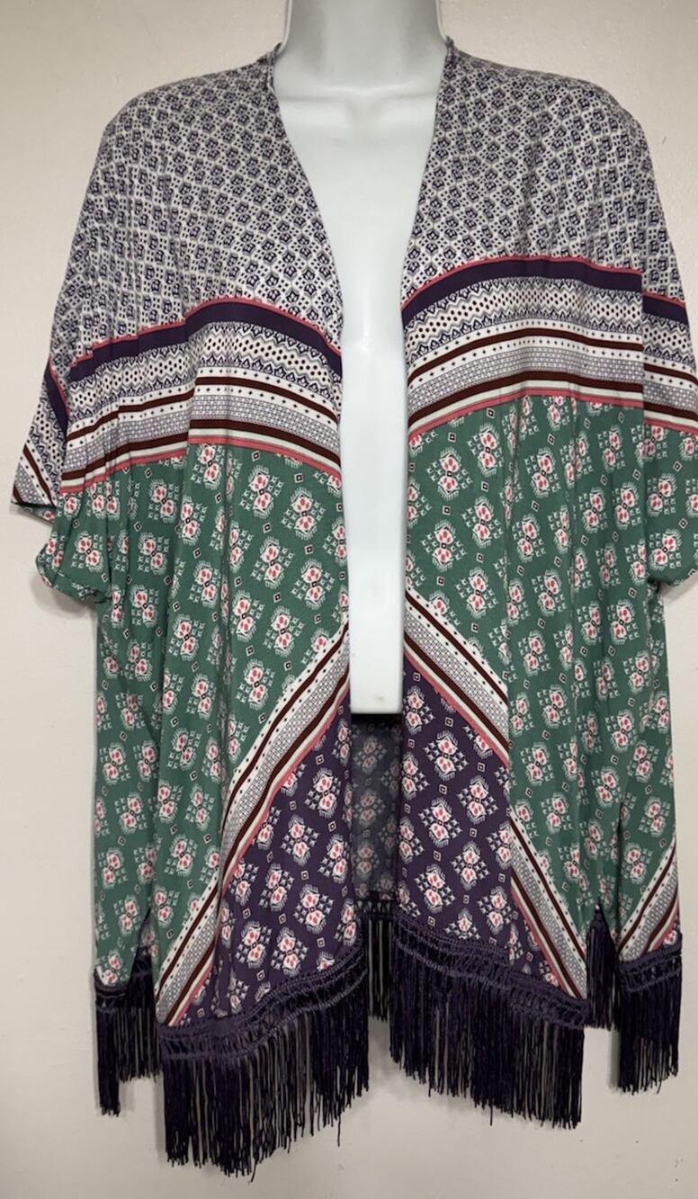 Victorias Secret Swim Cover Up Floral Geometric Tunic Open Tassel Fringe M/L